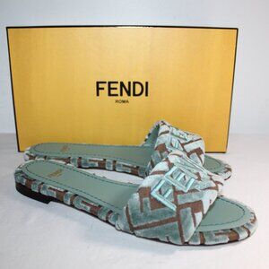 FENDI Slide Tess FF Burnout Velvet Logo Sandals Brown Green